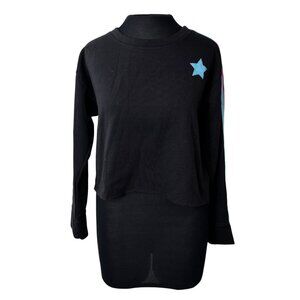 Black Knit Riot Cropped Sweatshirt With Blue Star & Rainbow Sleeve Stripes Women